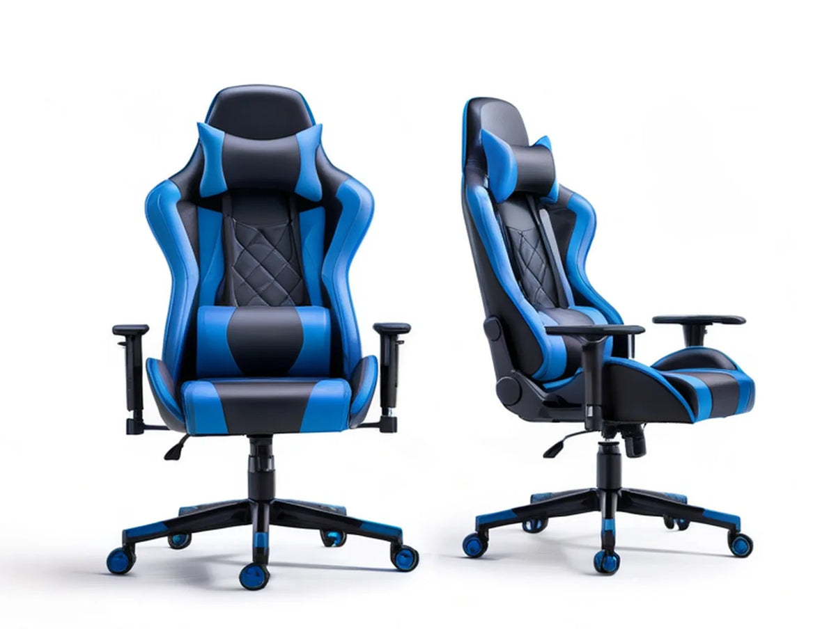 Ergonomic High-Back Gaming Chair with Footrest, Reclining PU Leather Swivel Design, Black/Blue, 27.6 x 27.6 x 47.2-51.2 in
