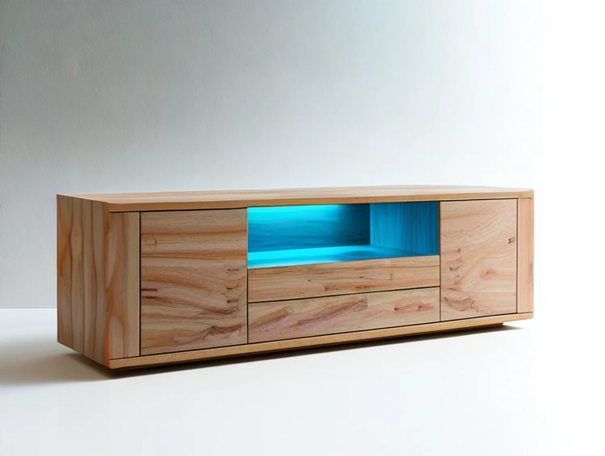 71 in Natural Brown Solid Acacia Wood Media Console with Blue LED Lighting, 71 x 16 x 20 in