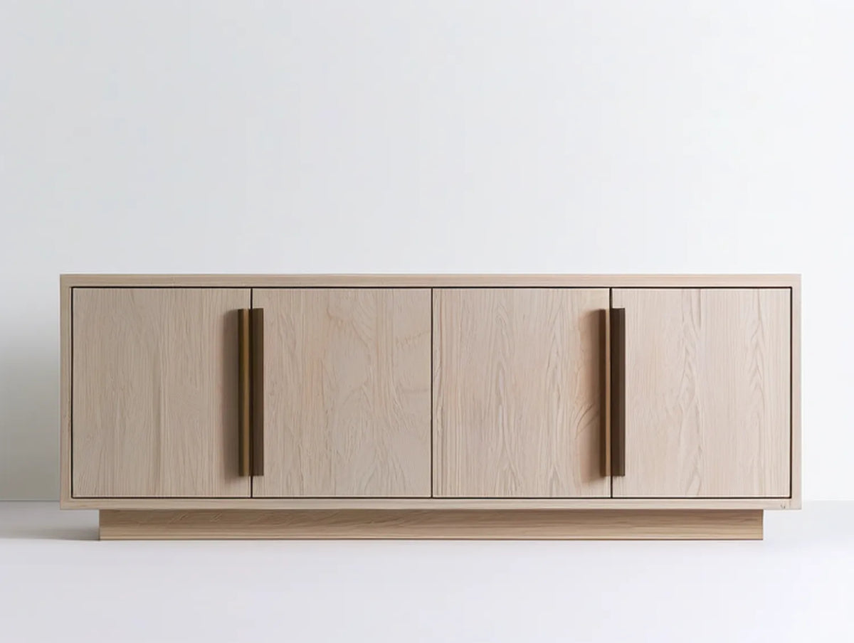 4-Door Light Oak TV Stand with Brown Bar Handles, 70.9 x 15.7 x 23.6 in
