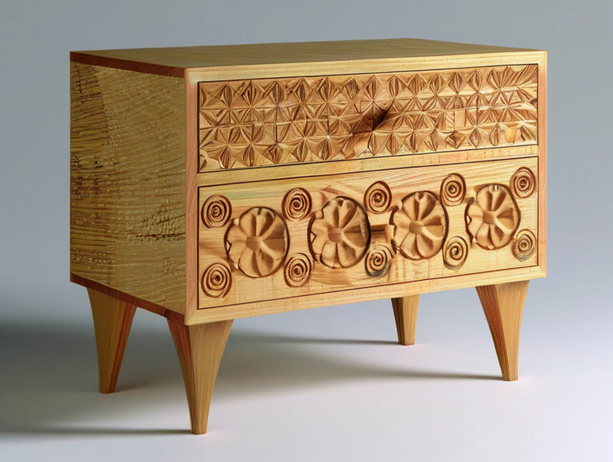 2-Drawer Solid Mango Wood Nightstand with Carved Floral Details, Natural Brown, 30 x 16 x 28 in
