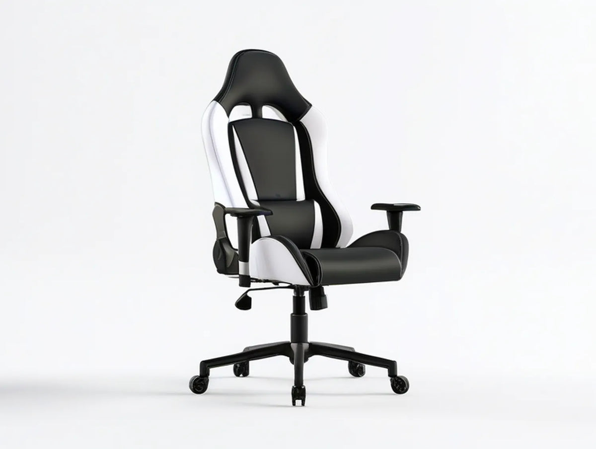 Adjustable High-Back PU Leather Gaming Chair, Black/White, 25.6 x 25.6 x 44.1-48.0 in
