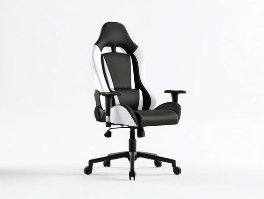 Adjustable High-Back PU Leather Gaming Chair, Black/White, 25.6 x 25.6 x 44.1-48.0 in