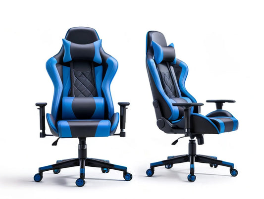 Ergonomic High-Back Gaming Chair with Footrest, Reclining PU Leather Swivel Design, Black/Blue, 27.6 x 27.6 x 47.2-51.2 in