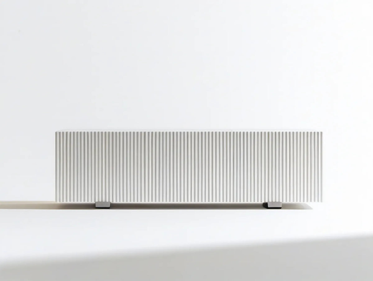 White TV Stand with Ribbed Back Panel, 70.9 x 11.8 x 23.6 in