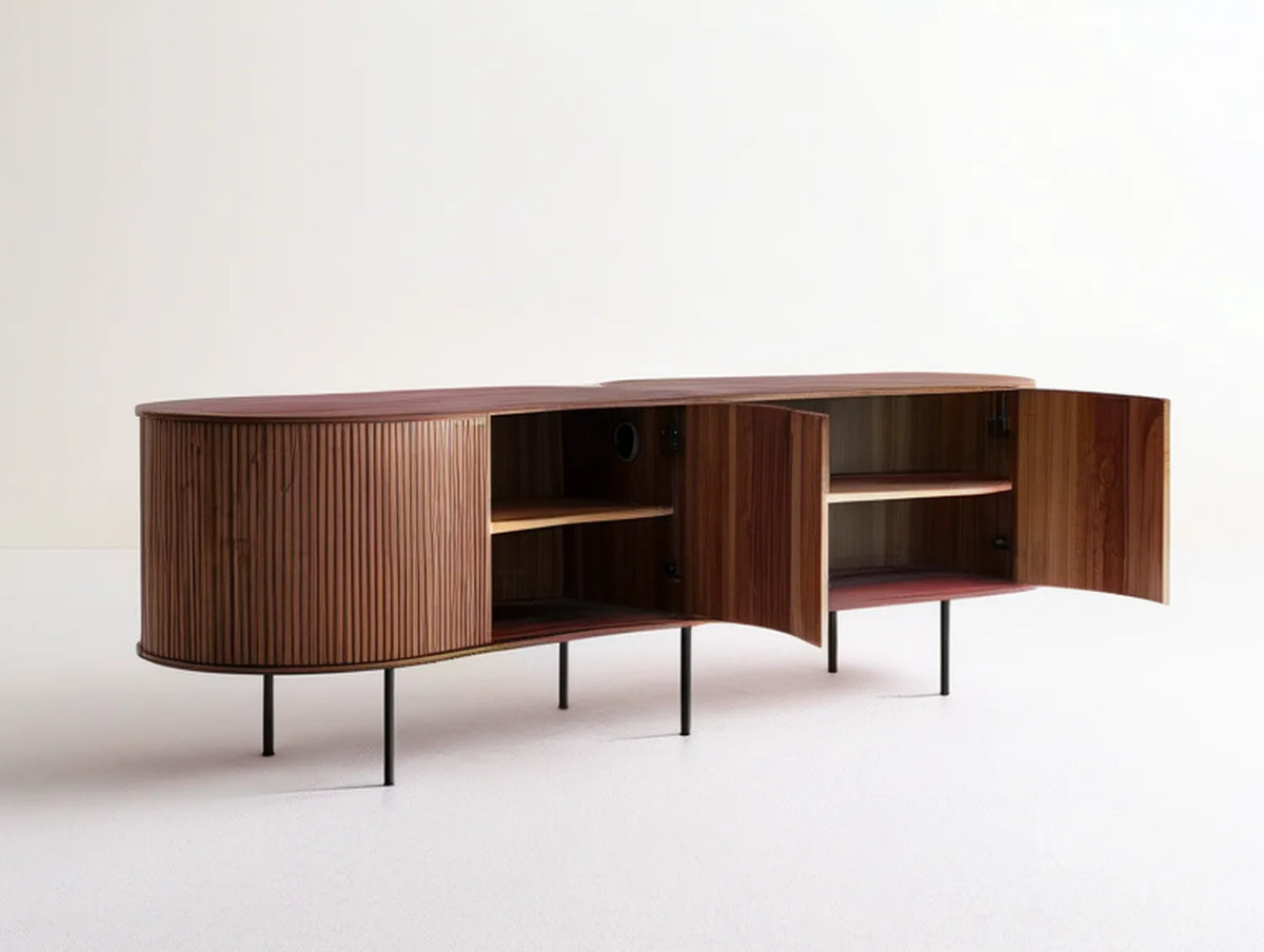 70.9 in Walnut Brown Fluted Media Console with Black Steel Legs