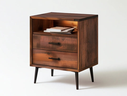 Walnut Brown and Black 2-Drawer Nightstand with Open Shelf, 24 x 16 x 26 in