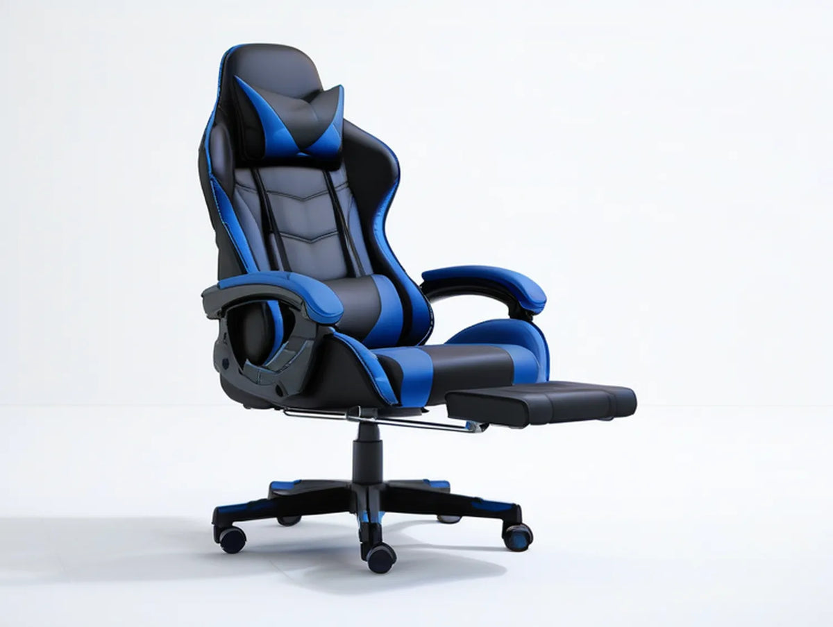 Black and Blue PU Leather High-Back Reclining Gaming Chair with Footrest, 27.6 x 27.6 x 49.2-53.1 in