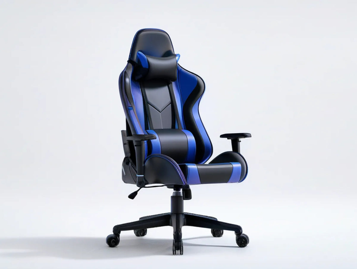 High-Back Gaming Chair with Retractable Footrest, Black and Blue PU Leather, 27.6 x 27.6 x 48.0-51.2 in
