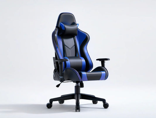 High-Back Gaming Chair with Retractable Footrest, Black and Blue PU Leather, 27.6 x 27.6 x 48.0-51.2 in