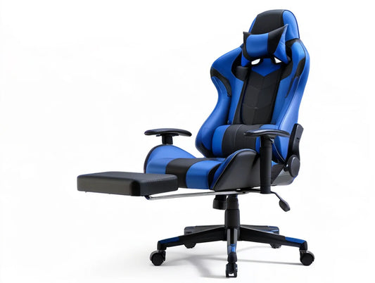 Blue and Black Reclining Gaming Chair with Footrest, 26.8 x 27.6 x 49.2-53.1 in