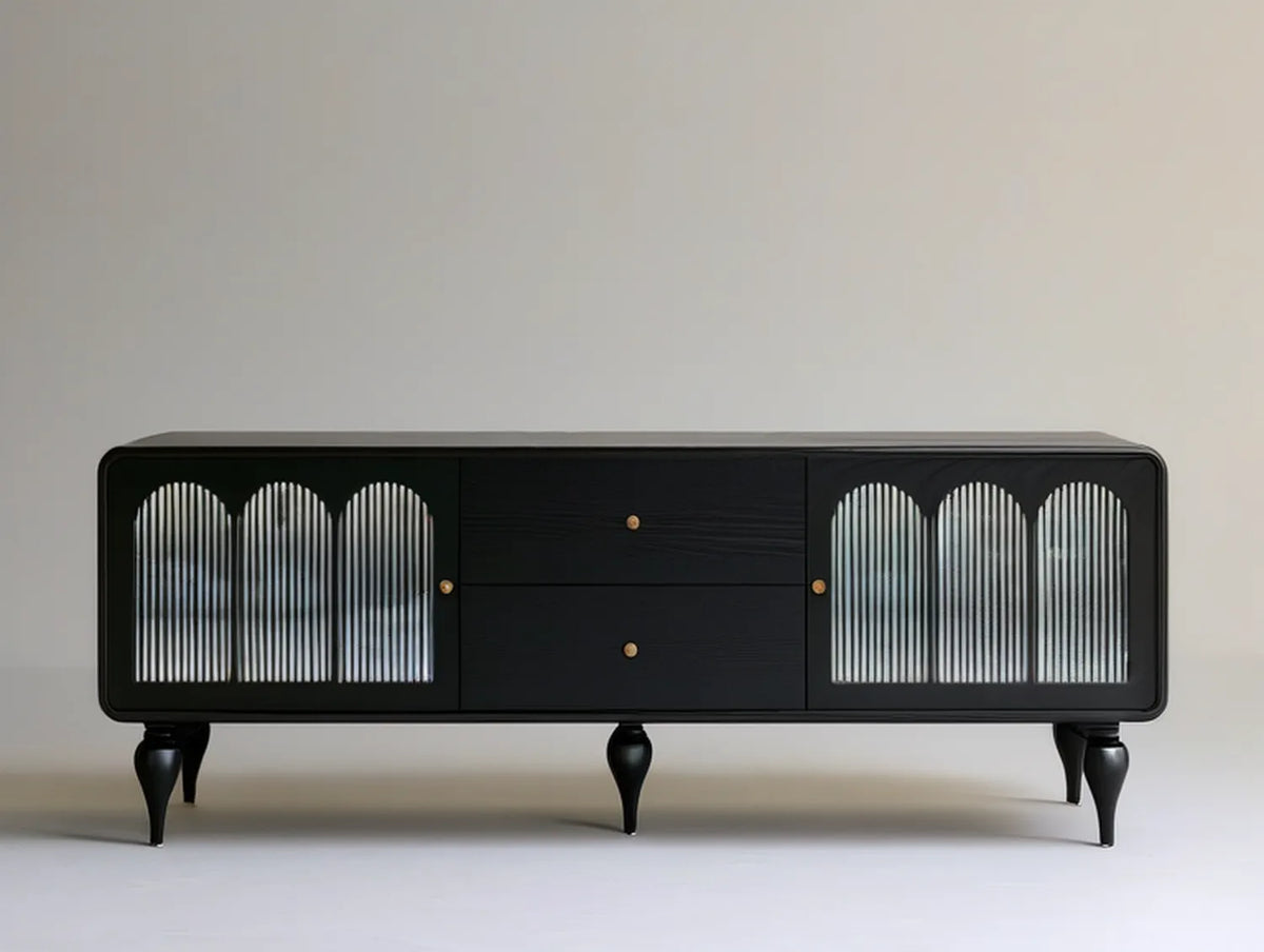 71 in. Black Engineered Wood TV Stand with Ribbed Glass Doors, Gold Knobs and Rubberwood Legs