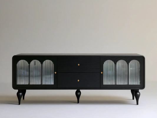 71 in. Black Engineered Wood TV Stand with Ribbed Glass Doors, Gold Knobs and Rubberwood Legs